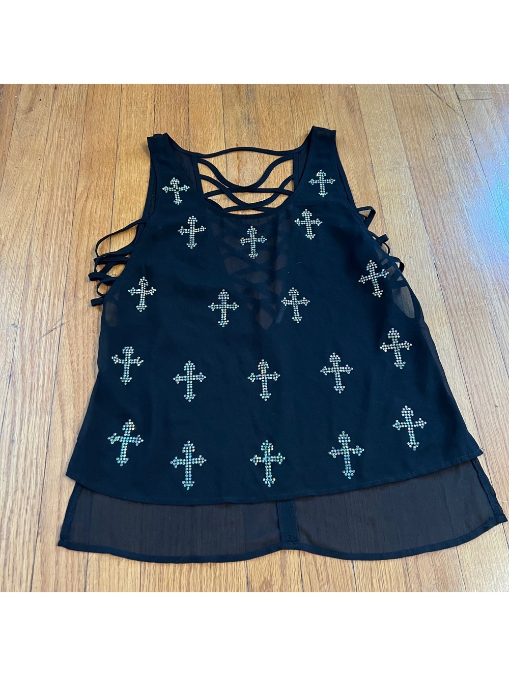 Vintage y2k grunge emo Charlotte Russe mesh tank top with cross print